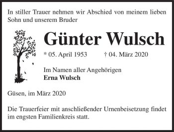 Traueranzeige von Günter Wulsch  von Magdeburger Volksstimme