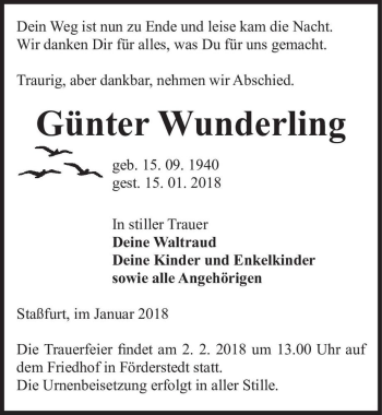 Traueranzeige von Günter Wunderling  von Magdeburger Volksstimme
