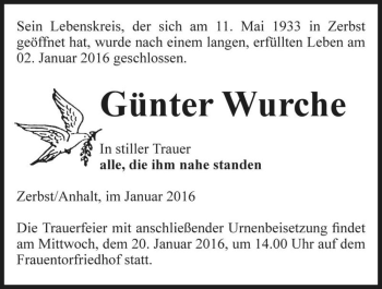 Traueranzeige von Günter Wurche  von Magdeburger Volksstimme