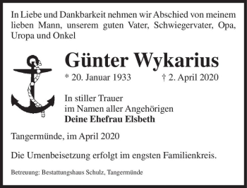 Traueranzeige von Günter Wykarius  von Magdeburger Volksstimme