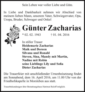 Traueranzeige von Günter Zacharias  von Magdeburger Volksstimme