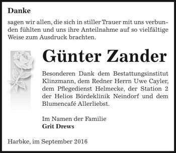 Traueranzeige von Günter Zander  von Magdeburger Volksstimme