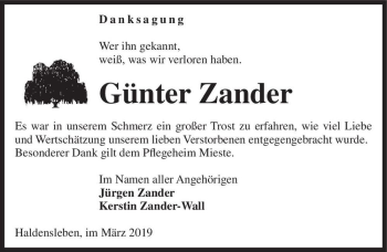 Traueranzeige von Günter Zander  von Magdeburger Volksstimme