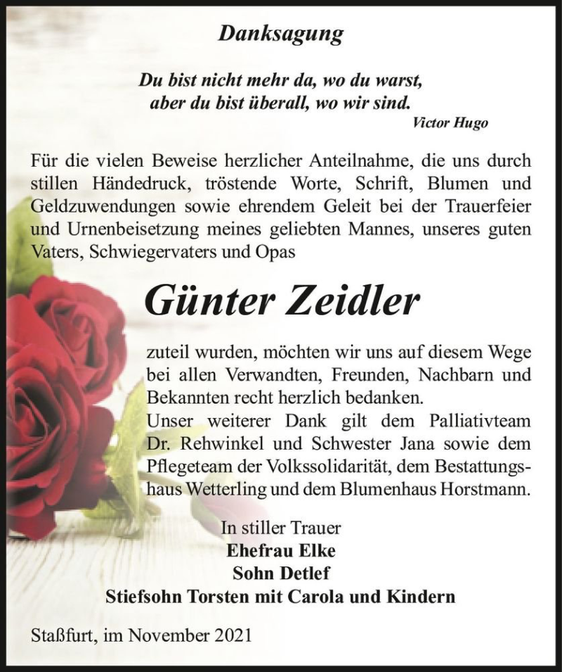  Traueranzeige für Günter Zeidler  vom 20.11.2021 aus Magdeburger Volksstimme