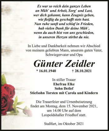 Traueranzeige von Günter Zeidler  von Magdeburger Volksstimme