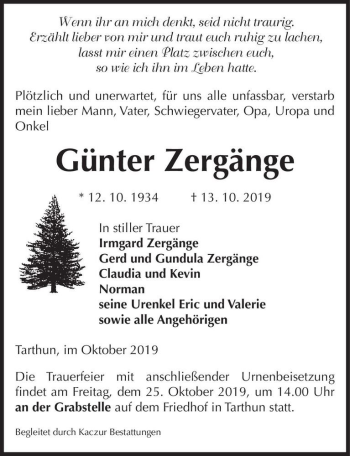 Traueranzeige von Günter Zergänge  von Magdeburger Volksstimme