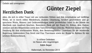 Traueranzeige von Günter Ziepel  von Magdeburger Volksstimme