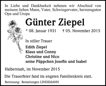 Traueranzeige von Günter Ziepel  von Magdeburger Volksstimme