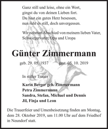 Traueranzeige von Günter Zimmermann  von Magdeburger Volksstimme