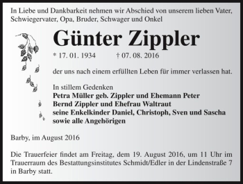 Traueranzeige von Günter Zippler  von Magdeburger Volksstimme