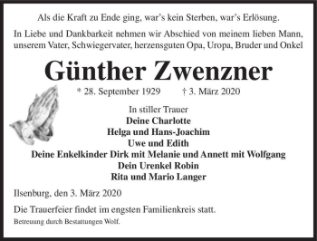 Traueranzeige von Günter Zwenzner  von Magdeburger Volksstimme