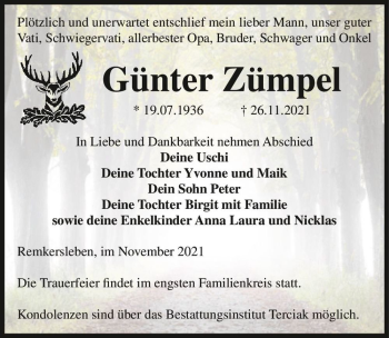 Traueranzeige von Günter Zümpel  von Magdeburger Volksstimme