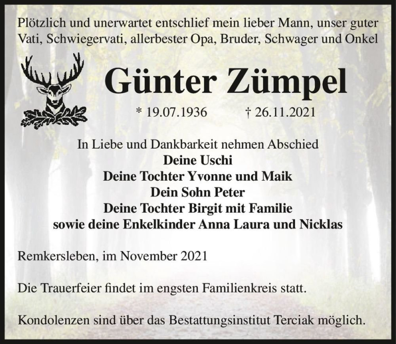  Traueranzeige für Günter Zümpel  vom 30.11.2021 aus Magdeburger Volksstimme