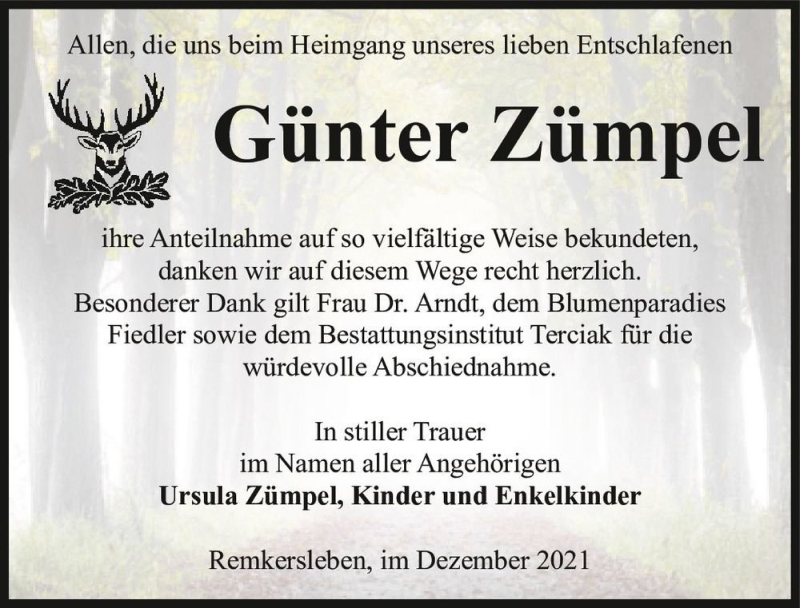  Traueranzeige für Günter Zümpel  vom 24.12.2021 aus Magdeburger Volksstimme