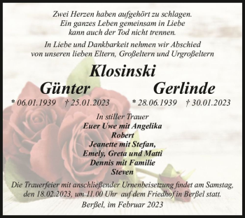 Traueranzeige von Günter und Gerlinde Klosinski  von Magdeburger Volksstimme