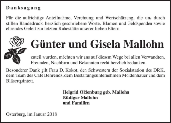 Traueranzeige von Günter und Gisela Mallohn  von Magdeburger Volksstimme