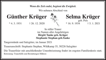 Traueranzeige von Günther & Selma Krüger (geb. Pels)  von Magdeburger Volksstimme