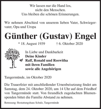 Traueranzeige von Günther (Gustav) Engel  von Magdeburger Volksstimme