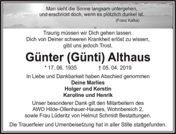 Traueranzeige von Günther (Günti) Althaus  von Magdeburger Volksstimme