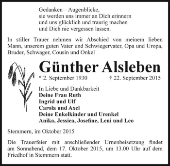 Traueranzeige von Günther Alsleben  von Magdeburger Volksstimme