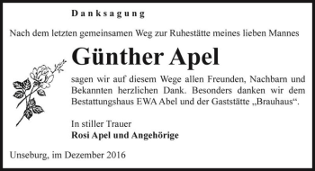 Traueranzeige von Günther Apel  von Magdeburger Volksstimme