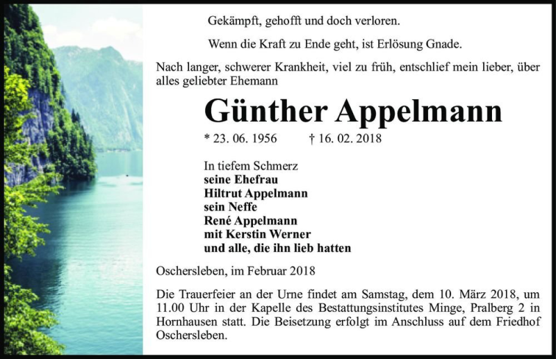 Traueranzeige für Günther Appelmann  vom 21.02.2018 aus Magdeburger Volksstimme
