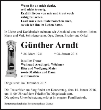 Traueranzeige von Günther Arndt  von Magdeburger Volksstimme