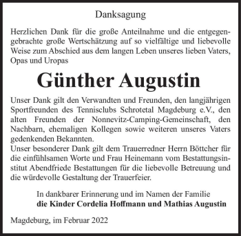 Traueranzeige von Günther Augustin  von Magdeburger Volksstimme
