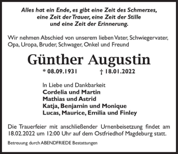 Traueranzeige von Günther Augustin  von Magdeburger Volksstimme