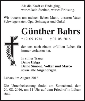 Traueranzeige von Günther Bahrs  von Magdeburger Volksstimme