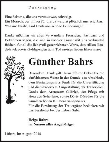 Traueranzeige von Günther Bahrs  von Magdeburger Volksstimme