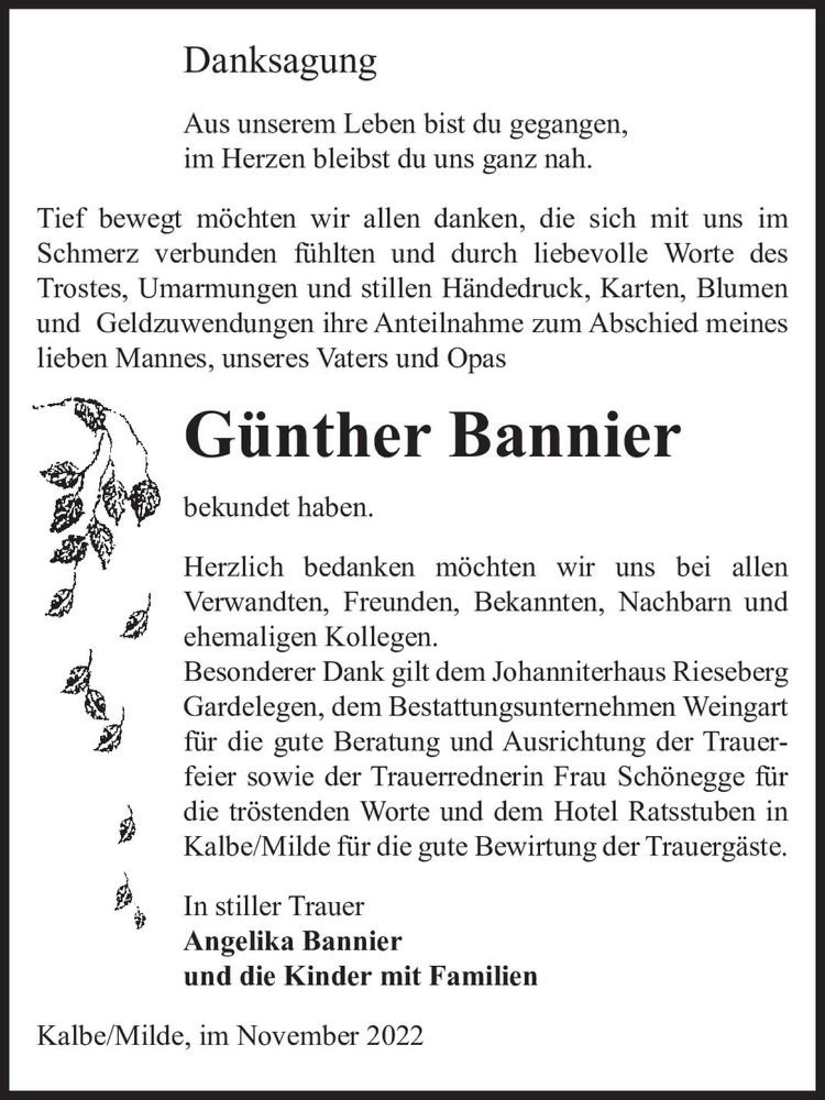  Traueranzeige für Günther Bannier  vom 08.11.2022 aus Magdeburger Volksstimme