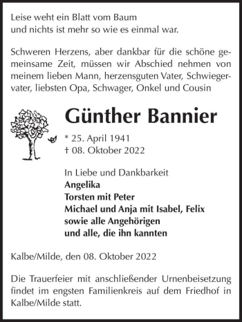 Traueranzeige von Günther Bannier  von Magdeburger Volksstimme