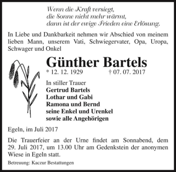 Traueranzeige von Günther Bartels  von Magdeburger Volksstimme