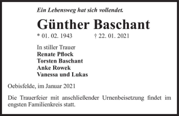 Traueranzeige von Günther Baschant  von Magdeburger Volksstimme