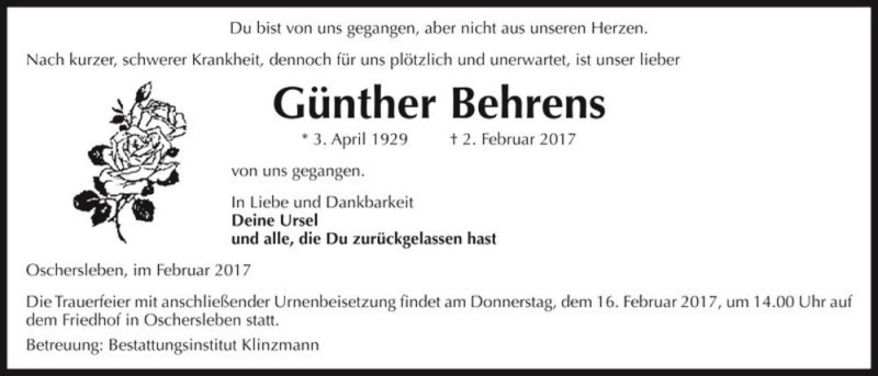  Traueranzeige für Günther Behrens  vom 11.02.2017 aus Magdeburger Volksstimme