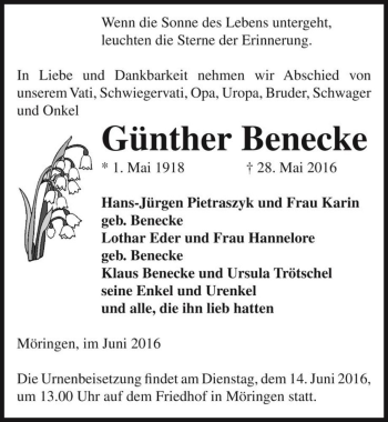 Traueranzeige von Günther Benecke  von Magdeburger Volksstimme