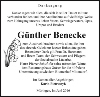 Traueranzeige von Günther Benecke  von Magdeburger Volksstimme