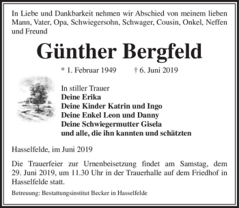 Traueranzeige von Günther Bergfeld  von Magdeburger Volksstimme