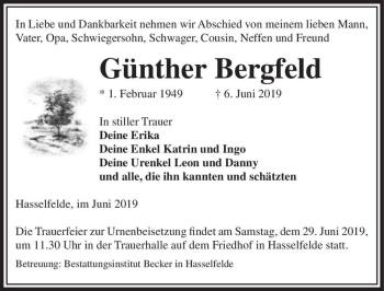 Traueranzeige von Günther Bergfeld  von Magdeburger Volksstimme