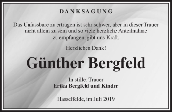 Traueranzeige von Günther Bergfeld  von Magdeburger Volksstimme