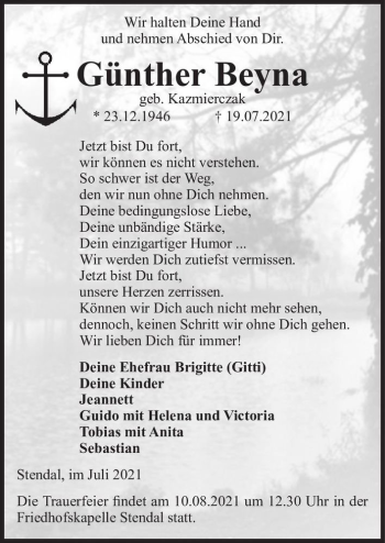 Traueranzeige von Günther Beyna (geb. Kazmierczak)  von Magdeburger Volksstimme