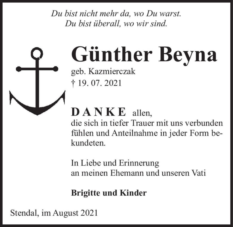  Traueranzeige für Günther Beyna (geb. Kazmierczak)  vom 14.08.2021 aus Magdeburger Volksstimme
