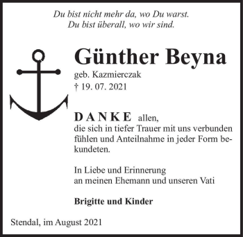 Traueranzeige von Günther Beyna (geb. Kazmierczak)  von Magdeburger Volksstimme