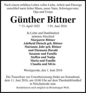 Traueranzeige von Günther Bittner  von Magdeburger Volksstimme