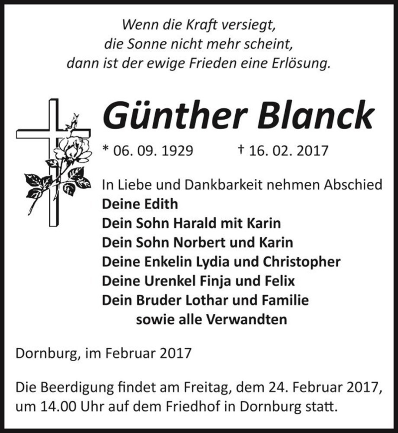  Traueranzeige für Günther Blanck  vom 18.02.2017 aus Magdeburger Volksstimme