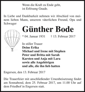 Traueranzeige von Günther Bode  von Magdeburger Volksstimme