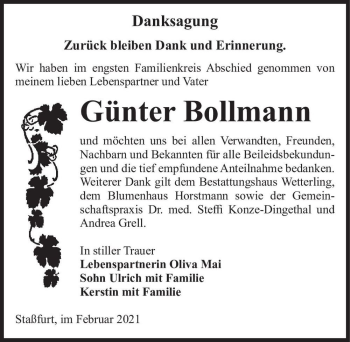 Traueranzeige von Günther Bollmann  von Magdeburger Volksstimme