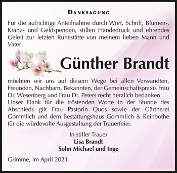 Traueranzeige von Günther Brandt  von Magdeburger Volksstimme