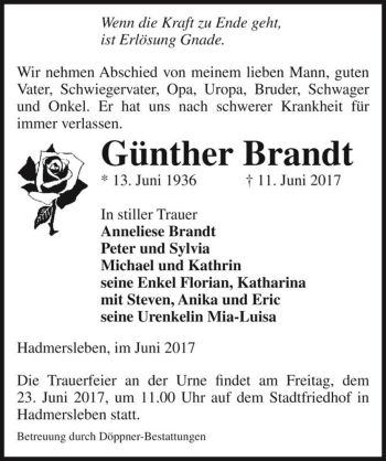 Traueranzeige von Günther Brandt  von Magdeburger Volksstimme